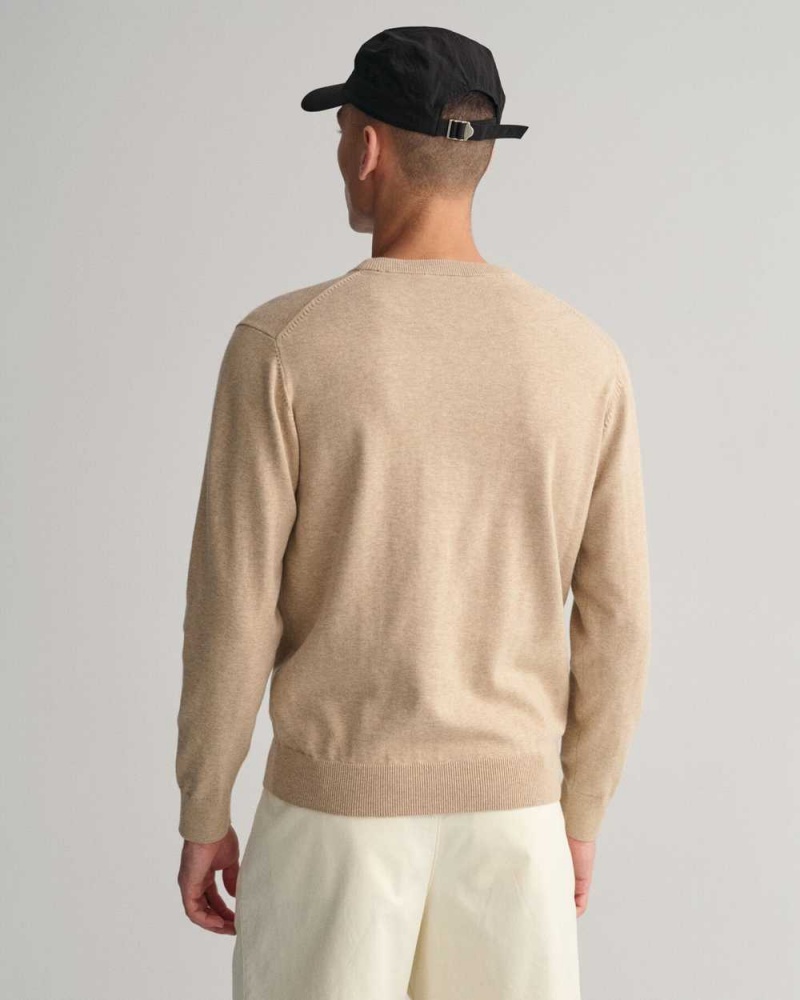 Gant Classic Cotton Crew Neck Men's Sweater Sand Melange | HTKUF-5198