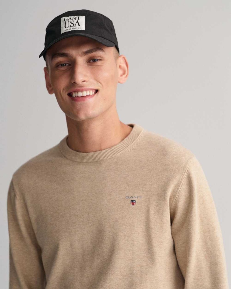 Gant Classic Cotton Crew Neck Men's Sweater Sand Melange | HTKUF-5198