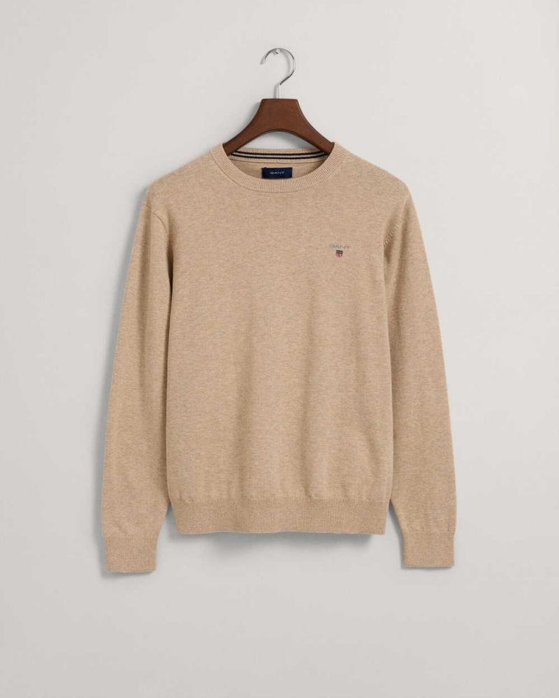 Gant Classic Cotton Crew Neck Men's Sweater Sand Melange | HTKUF-5198