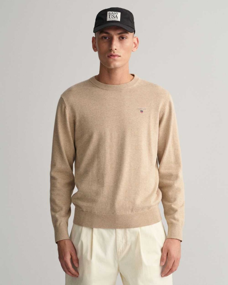 Gant Classic Cotton Crew Neck Men\'s Sweater Sand Melange | HTKUF-5198