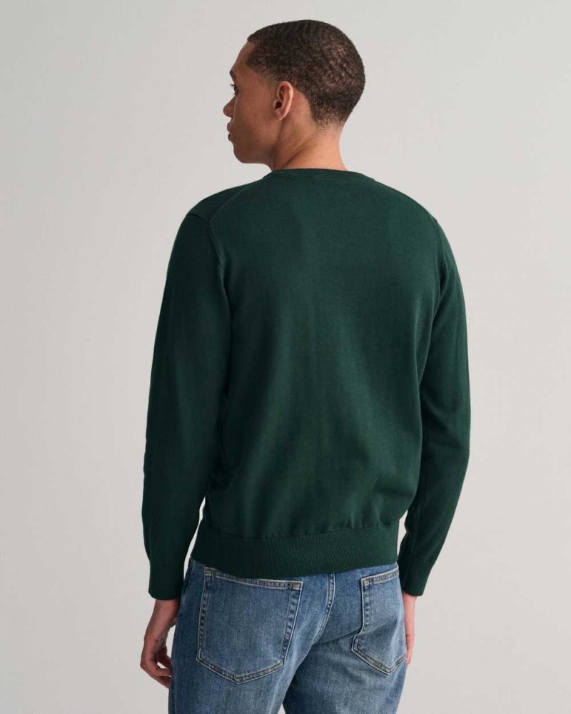 Gant Classic Cotton Crew Neck Men's Sweater Tartan Green | ARVPF-0496