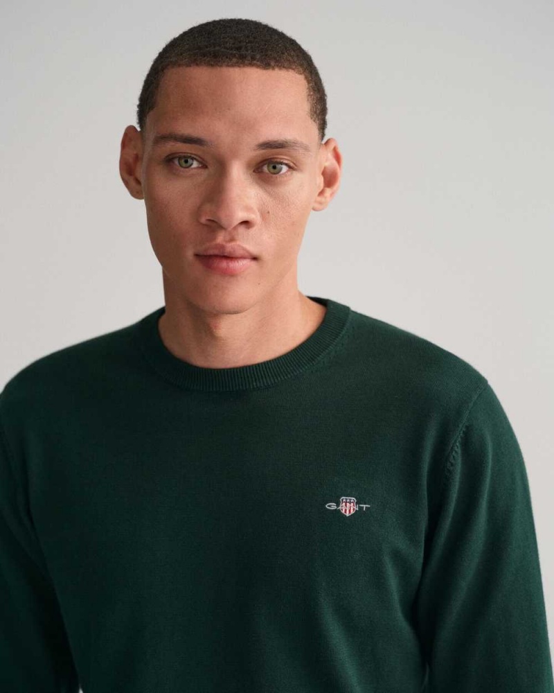 Gant Classic Cotton Crew Neck Men's Sweater Tartan Green | ARVPF-0496