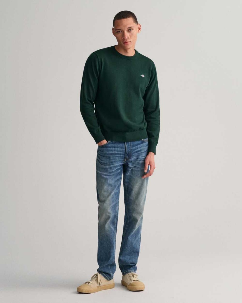 Gant Classic Cotton Crew Neck Men's Sweater Tartan Green | ARVPF-0496