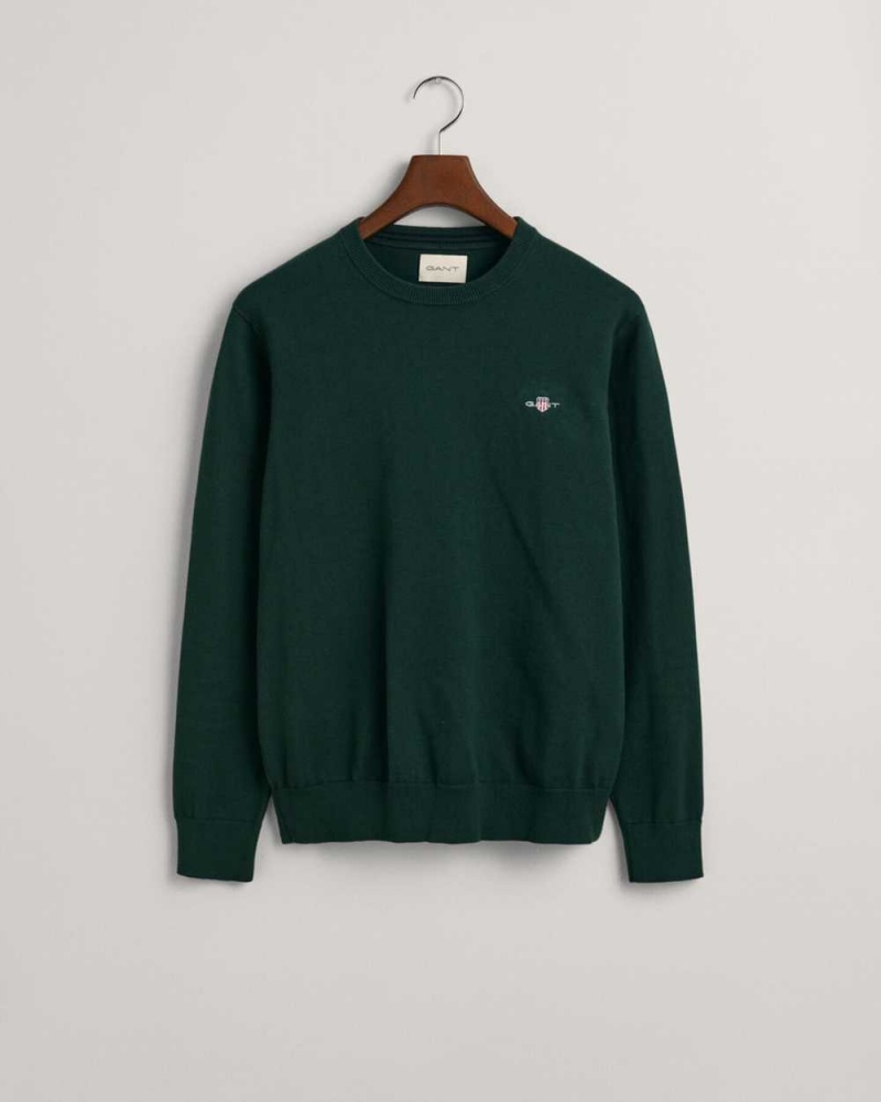 Gant Classic Cotton Crew Neck Men's Sweater Tartan Green | ARVPF-0496