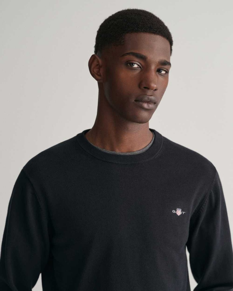 Gant Classic Cotton Crew Neck Men's Sweater Black | MYFXO-2071