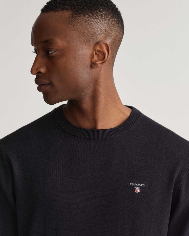 Gant Classic Cotton Crew Neck Men's Sweater Black | SFPMX-8249