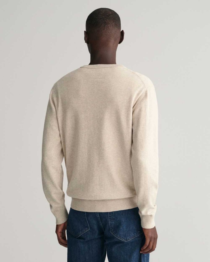 Gant Classic Cotton Crew Neck Men's Sweater Light Beige Melange | CLSPD-8061