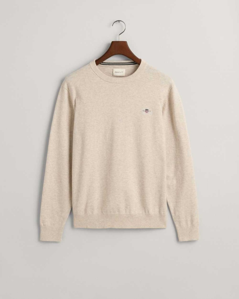 Gant Classic Cotton Crew Neck Men's Sweater Light Beige Melange | CLSPD-8061