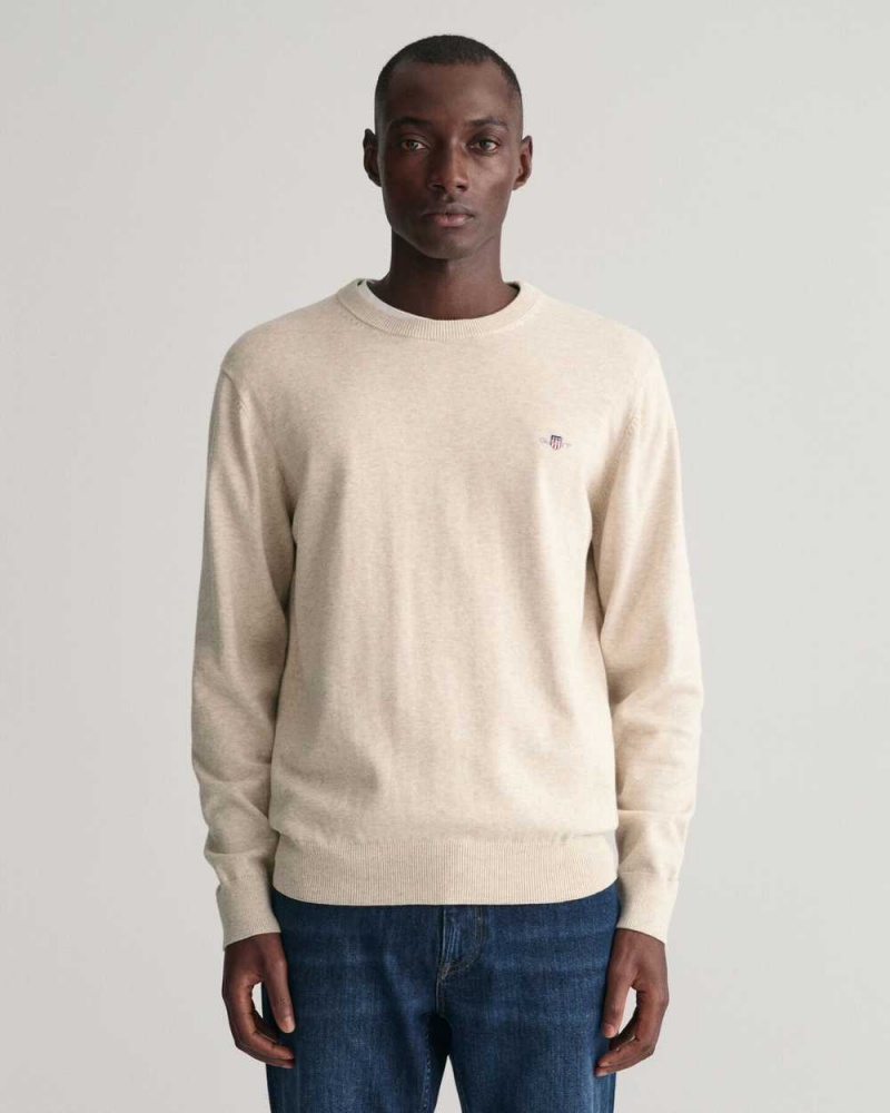 Gant Classic Cotton Crew Neck Men\'s Sweater Light Beige Melange | CLSPD-8061