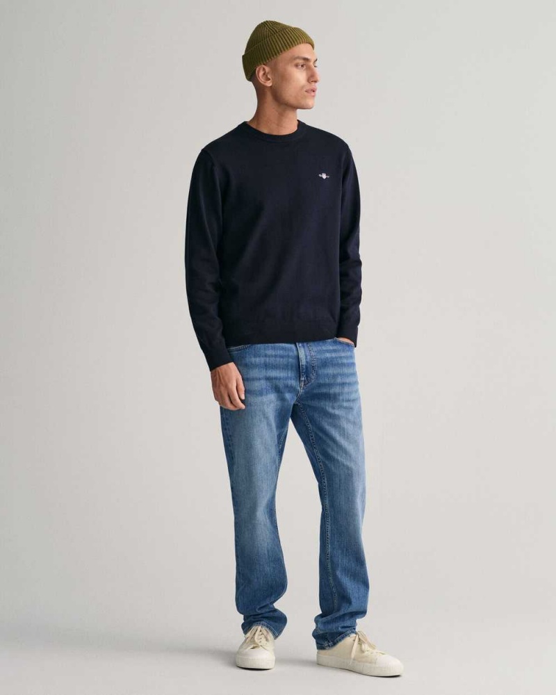 Gant Classic Cotton Crew Neck Men's Sweater Evening Blue | XZIUW-6412