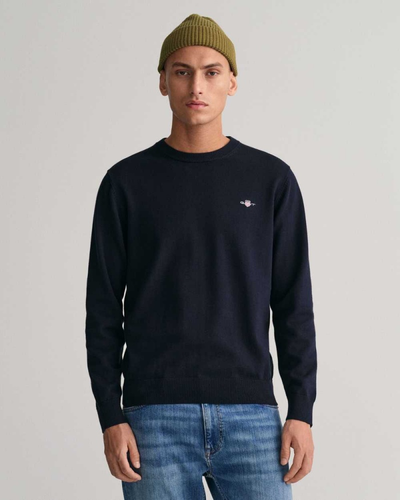 Gant Classic Cotton Crew Neck Men\'s Sweater Evening Blue | XZIUW-6412