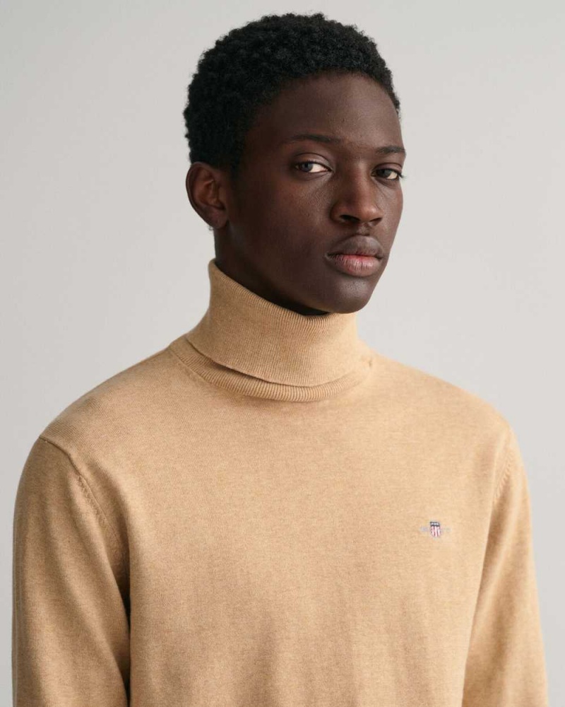 Gant Classic Cotton Turtleneck Men's Sweater Khaki Melange | CWXOQ-8203