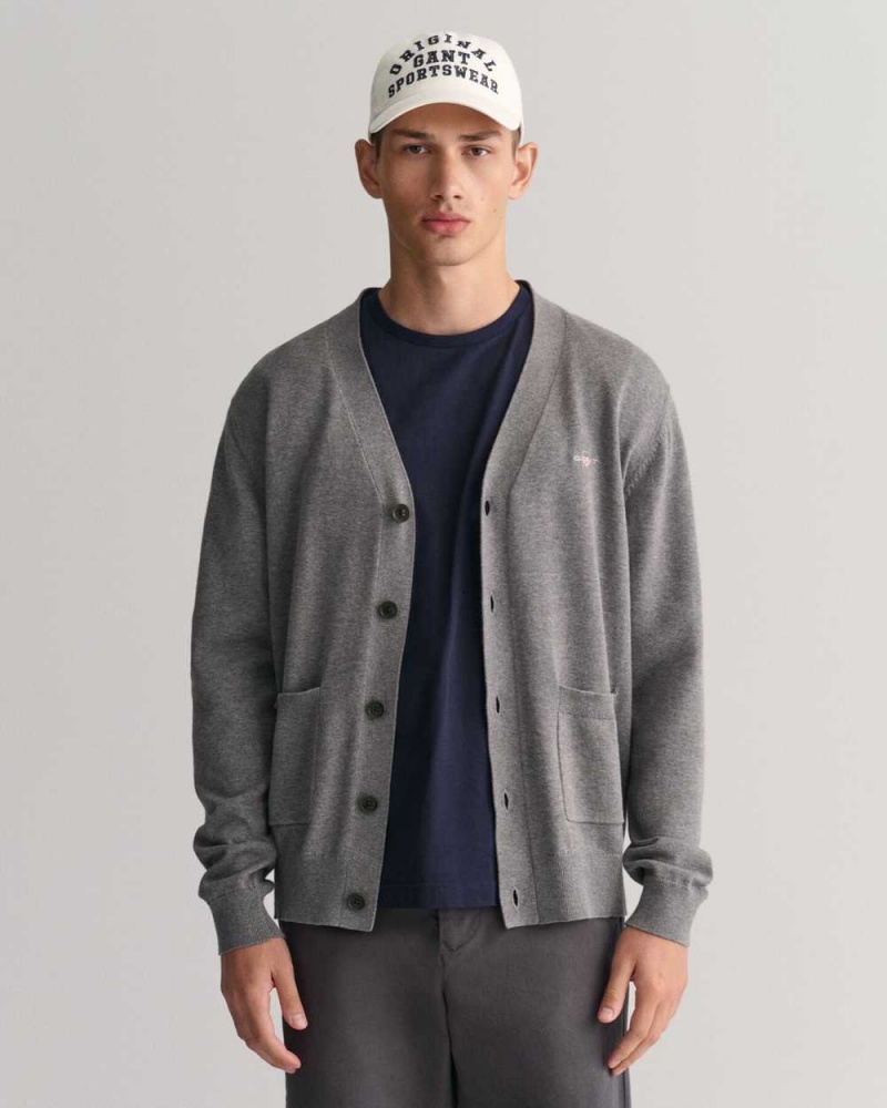 Gant Classic Cotton V-Neck Men\'s Cardigan Dark Grey Melange | RHTOB-6321