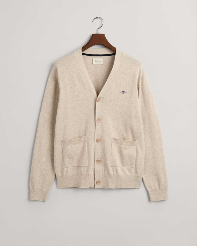 Gant Classic Cotton V-Neck Men's Cardigan Light Beige Melange | MYLVR-3689