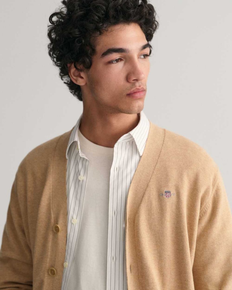 Gant Classic Cotton V-Neck Men's Cardigan Khaki Melange | VSTWD-4198