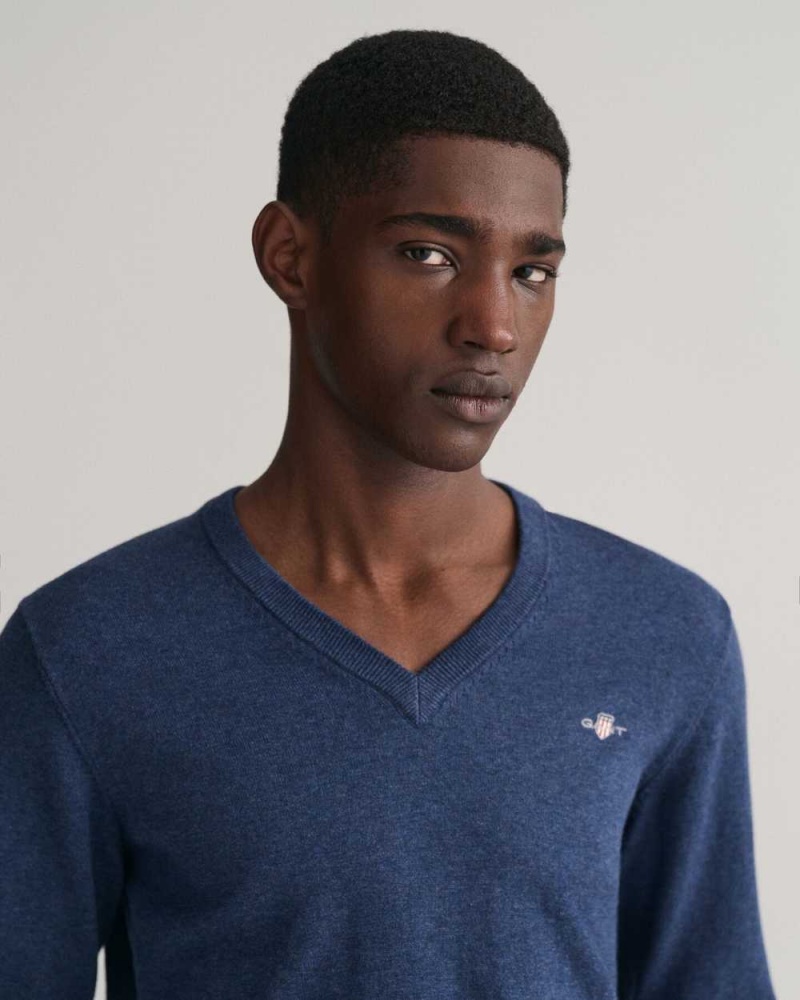 Gant Classic Cotton V-Neck Men's Sweater Blue Melange | IOQKC-9517