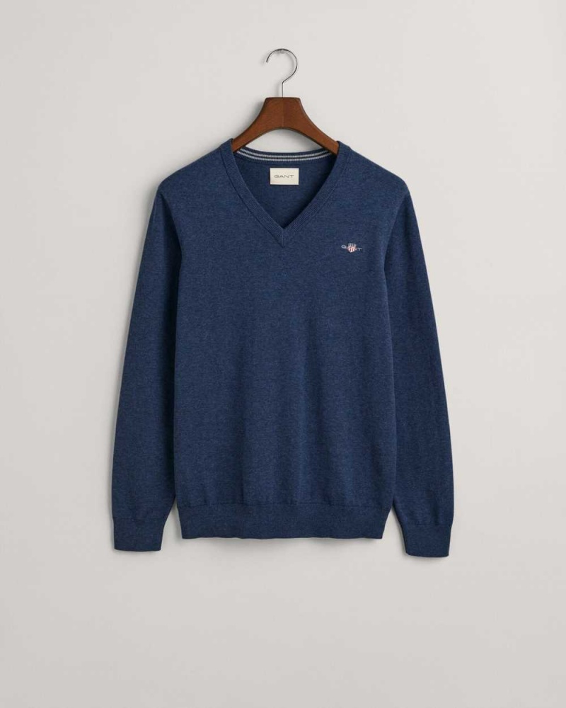 Gant Classic Cotton V-Neck Men's Sweater Blue Melange | IOQKC-9517