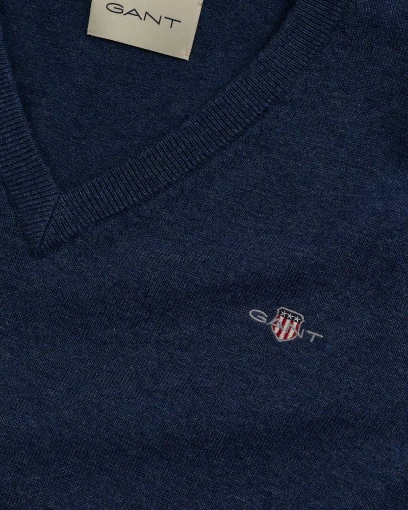 Gant Classic Cotton V-Neck Men's Sweater Blue Melange | IOQKC-9517