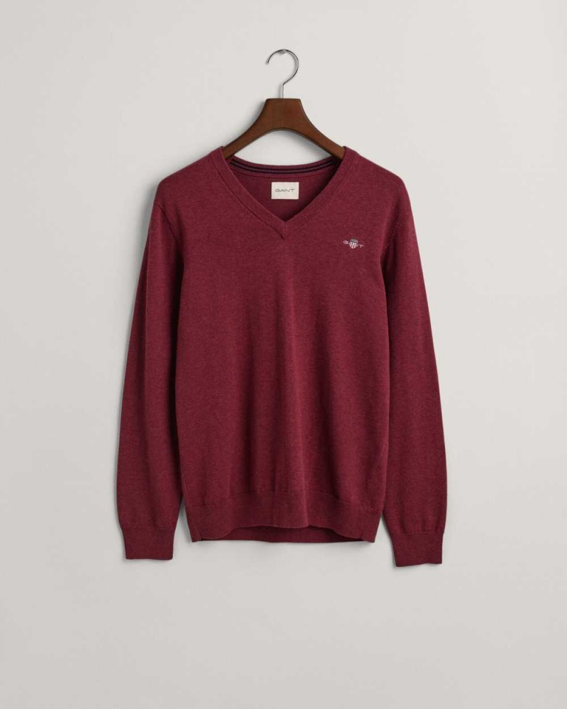 Gant Classic Cotton V-Neck Men\'s Sweater Bordeaux Melange | PVUKE-2641