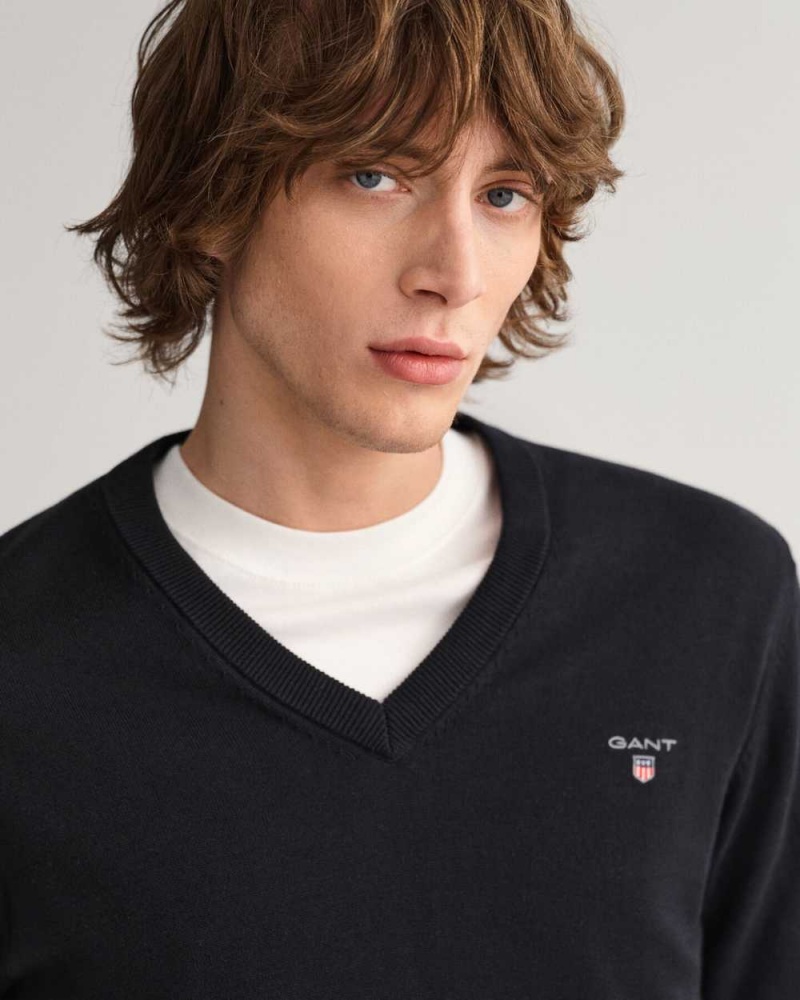 Gant Classic Cotton V-Neck Men's Sweater Black | TVCQI-2086