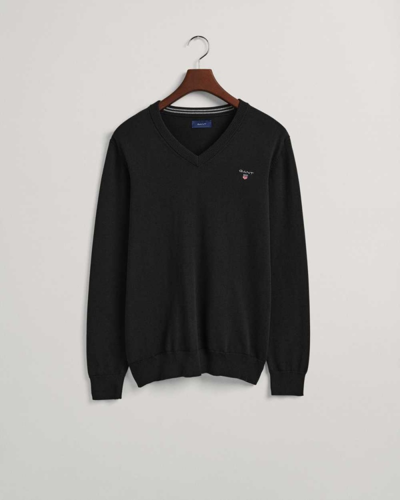 Gant Classic Cotton V-Neck Men's Sweater Black | TVCQI-2086