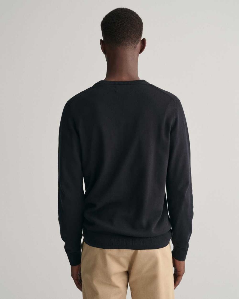 Gant Classic Cotton V-Neck Men's Sweater Black | EUFJY-1034