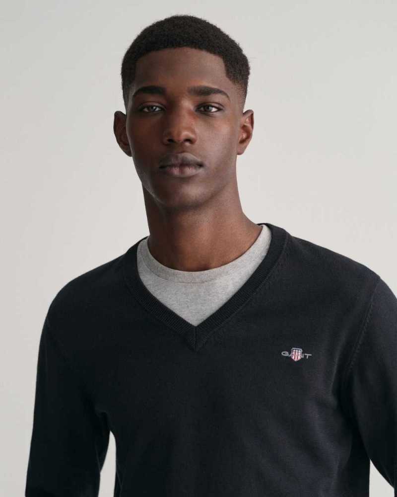 Gant Classic Cotton V-Neck Men's Sweater Black | EUFJY-1034