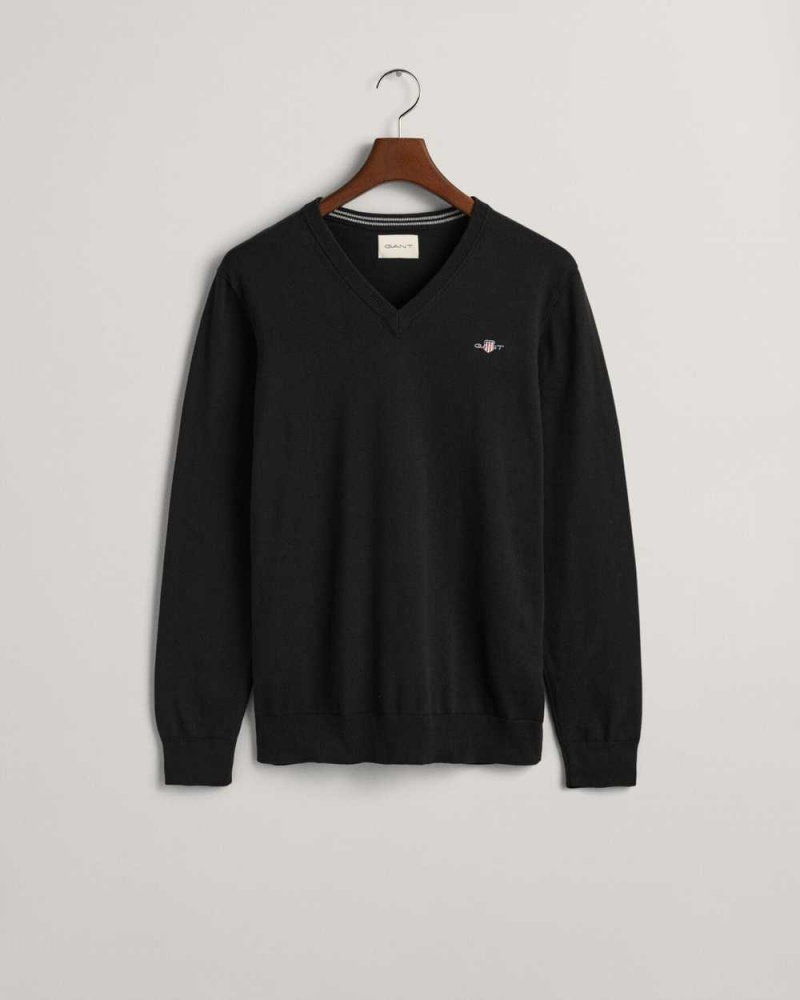 Gant Classic Cotton V-Neck Men's Sweater Black | EUFJY-1034