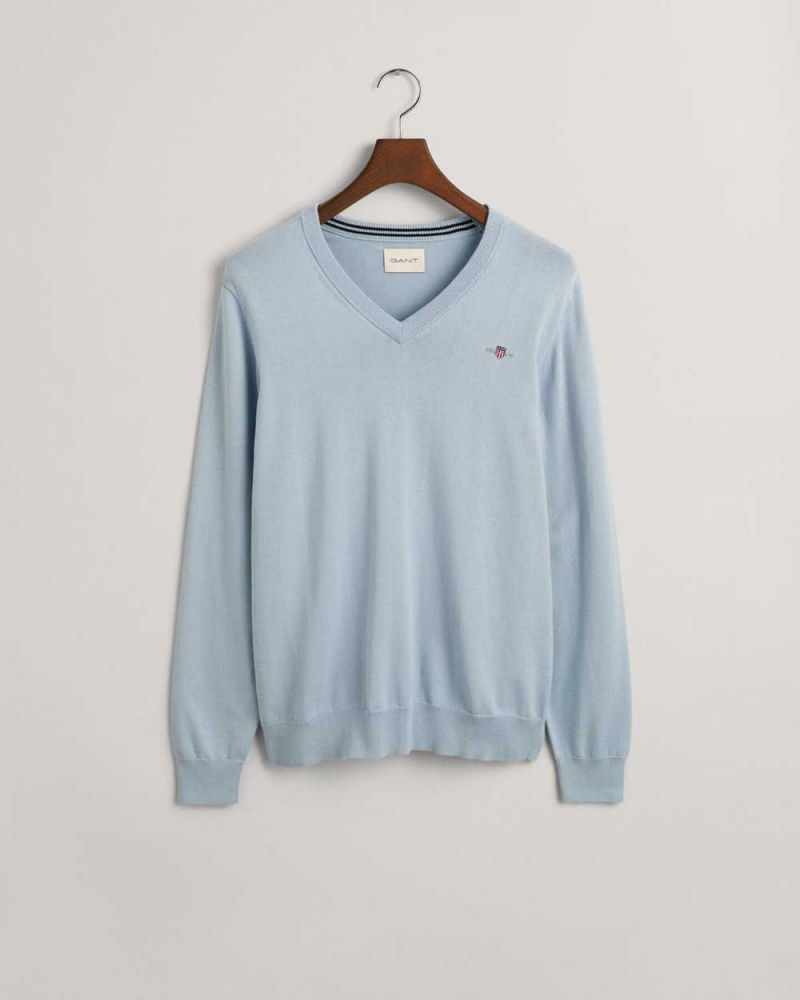 Gant Classic Cotton V-Neck Men's Sweater Blue | SZEJF-5742