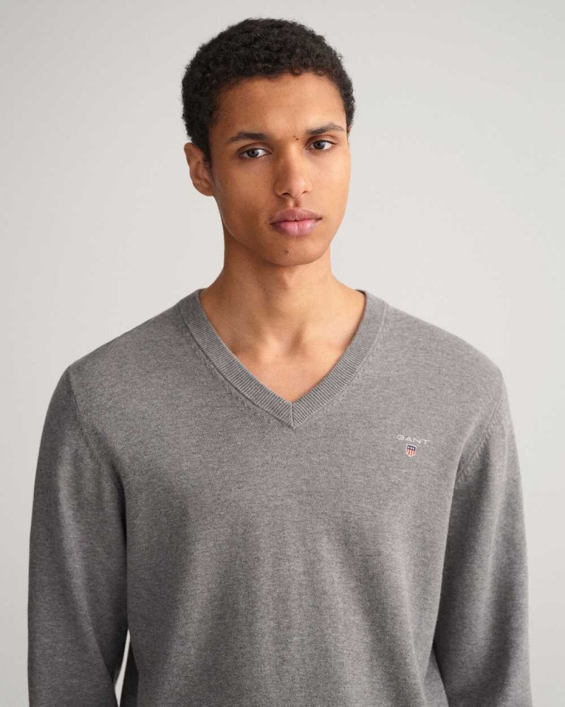 Gant Classic Cotton V-Neck Men's Sweater Dark Grey Melange | AJLXR-1789