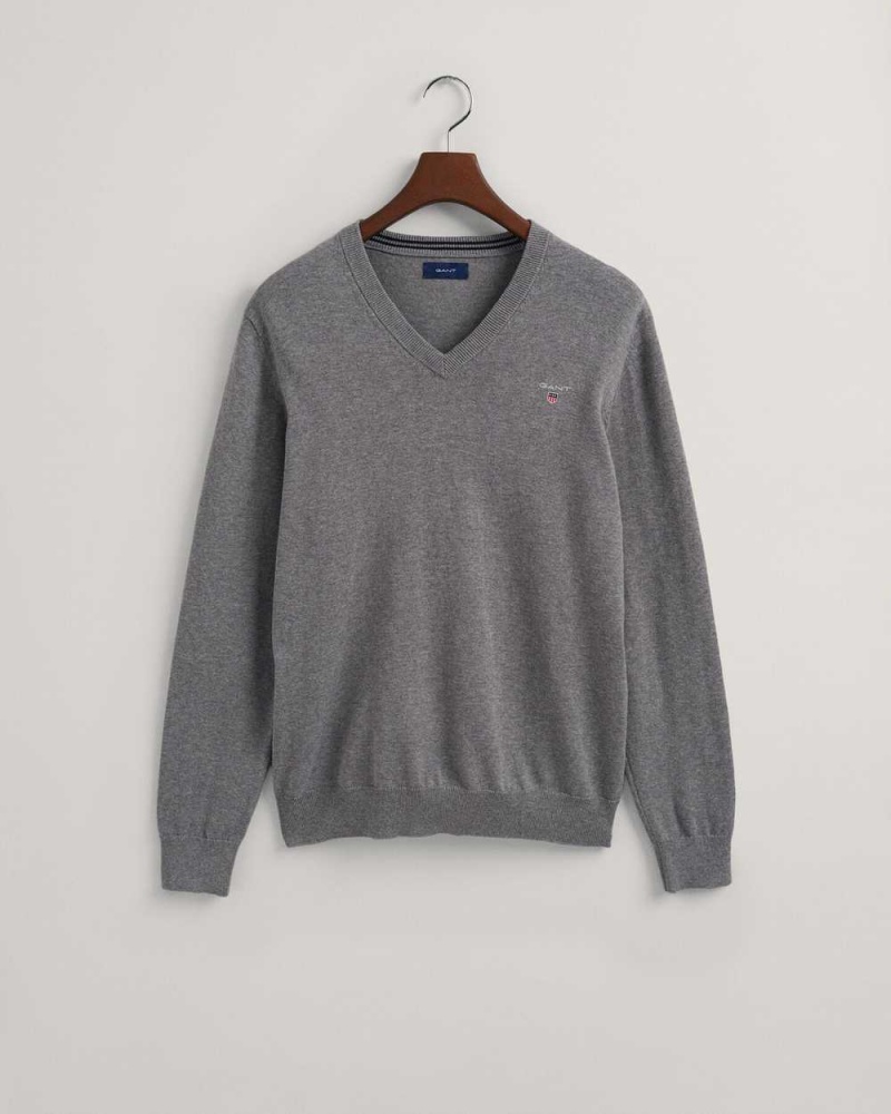 Gant Classic Cotton V-Neck Men's Sweater Dark Grey Melange | AJLXR-1789