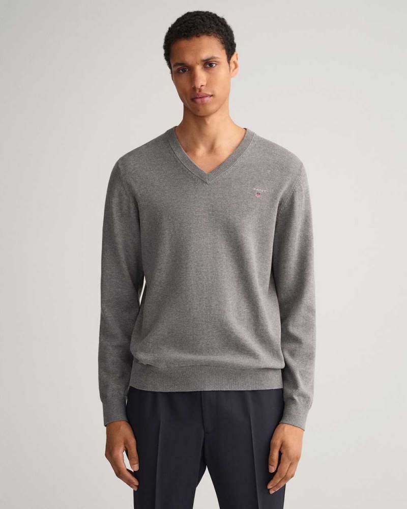 Gant Classic Cotton V-Neck Men\'s Sweater Dark Grey Melange | AJLXR-1789