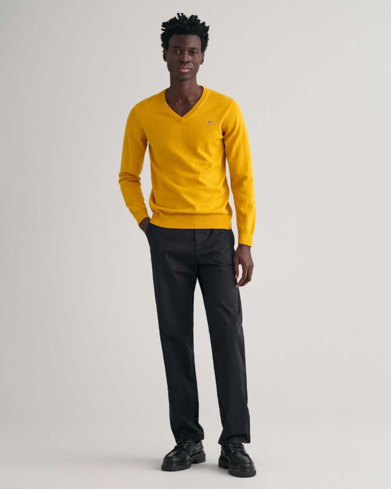 Gant Classic Cotton V-Neck Men's Sweater Dark Mustard Yellow | HNUMX-8453