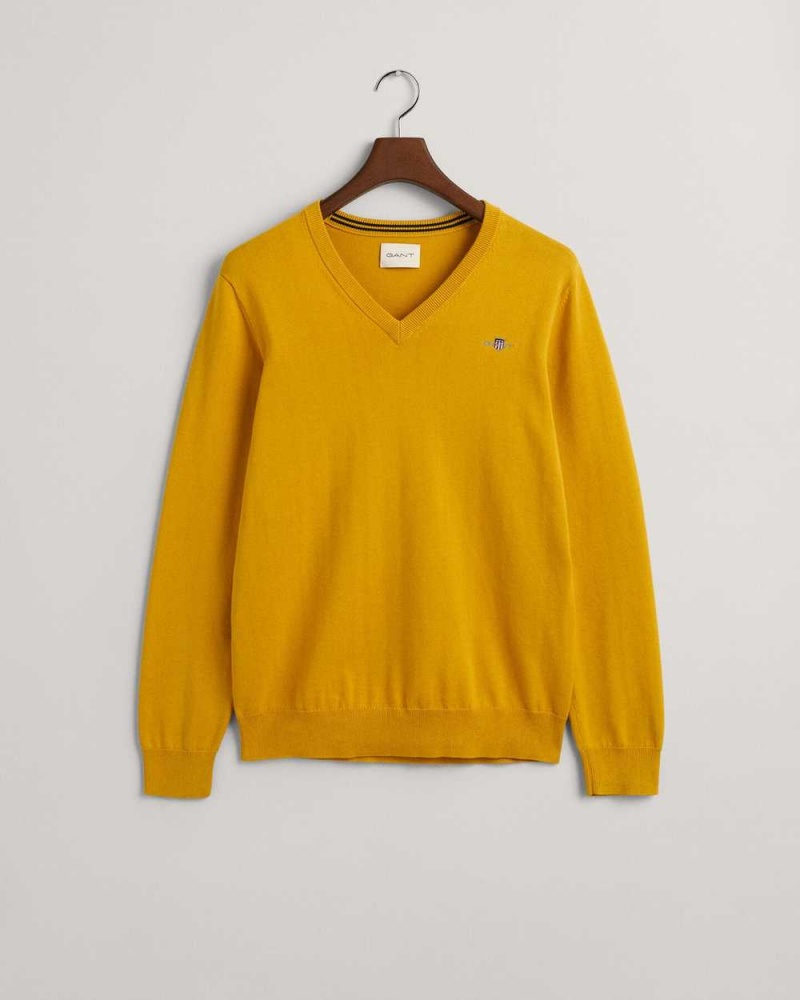 Gant Classic Cotton V-Neck Men's Sweater Dark Mustard Yellow | HNUMX-8453