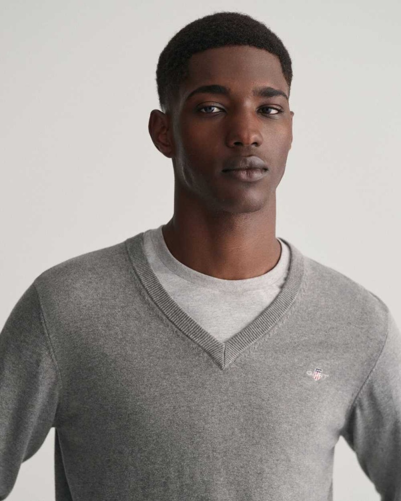 Gant Classic Cotton V-Neck Men's Sweater Dark Grey Melange | PSNTA-7568