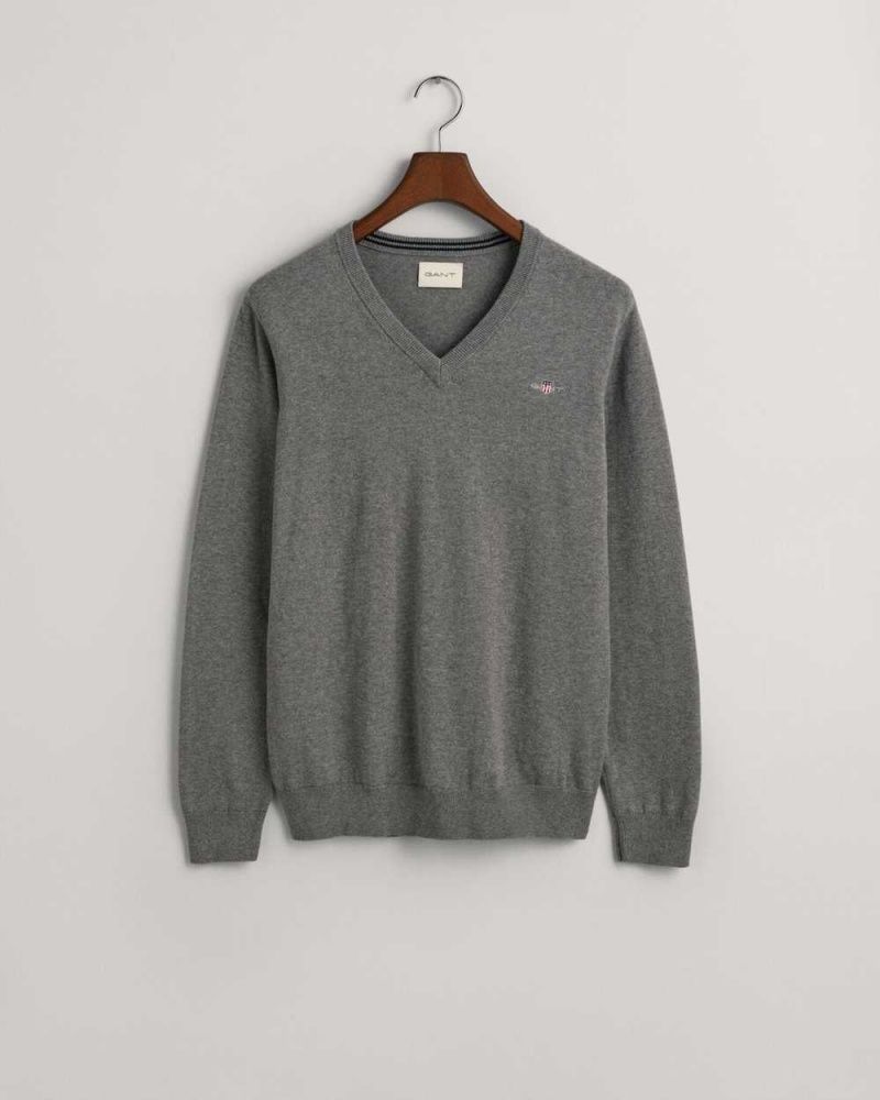 Gant Classic Cotton V-Neck Men's Sweater Dark Grey Melange | PSNTA-7568