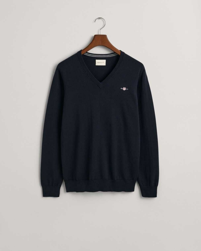 Gant Classic Cotton V-Neck Men's Sweater Evening Blue | HJIFC-5068