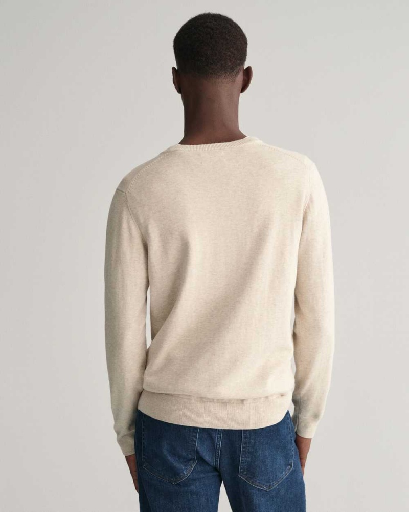 Gant Classic Cotton V-Neck Men's Sweater Light Beige Melange | AHGSJ-1263