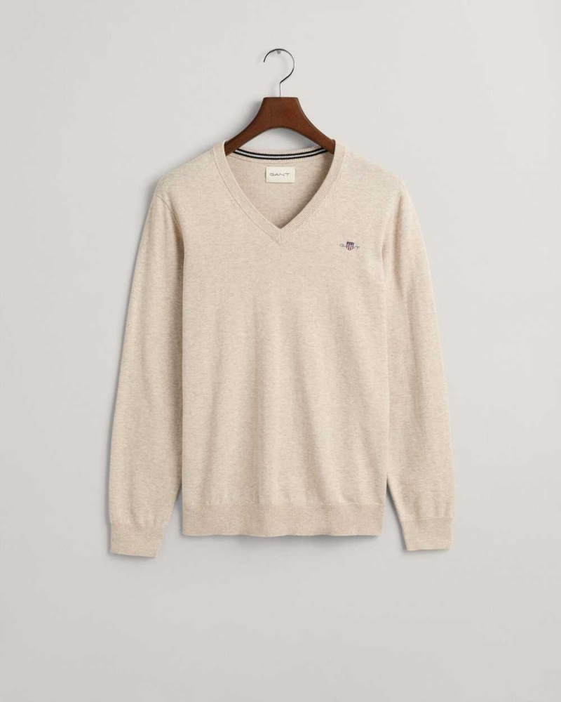 Gant Classic Cotton V-Neck Men's Sweater Light Beige Melange | AHGSJ-1263