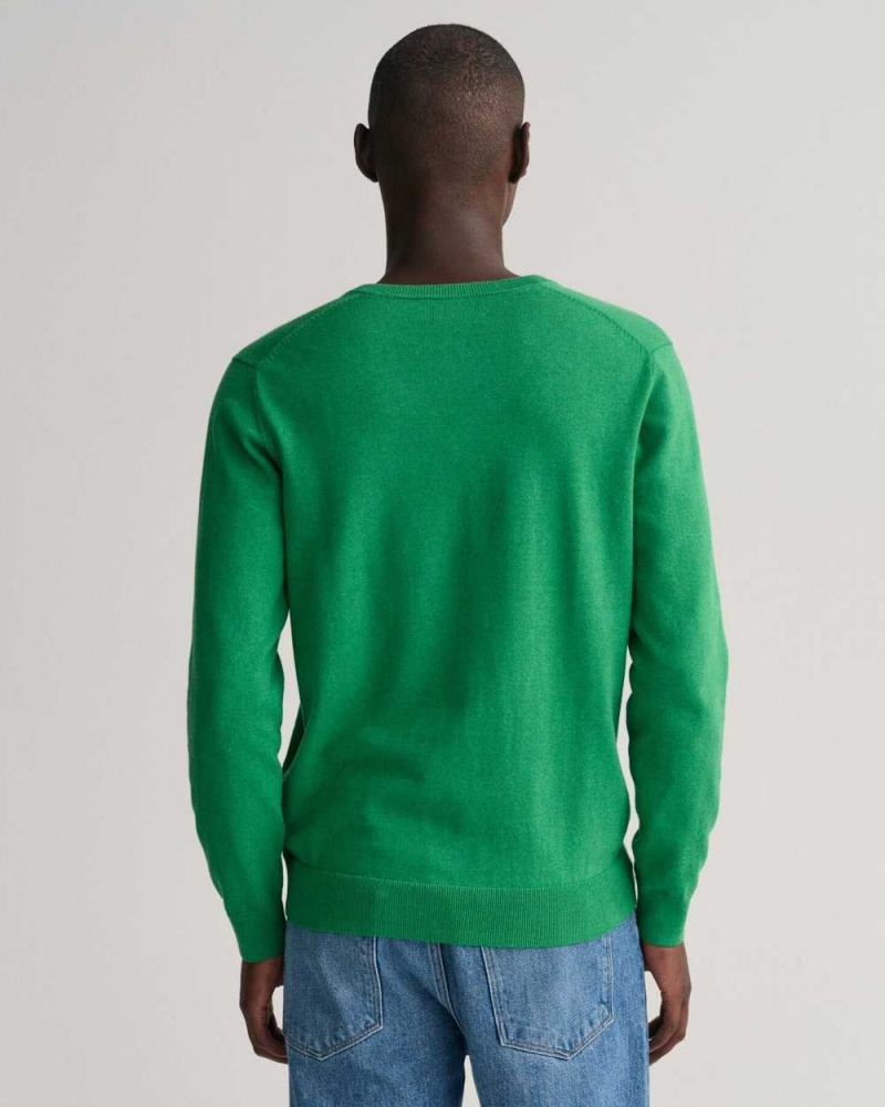 Gant Classic Cotton V-Neck Men's Sweater Mid Green Melange | BWDPY-2509