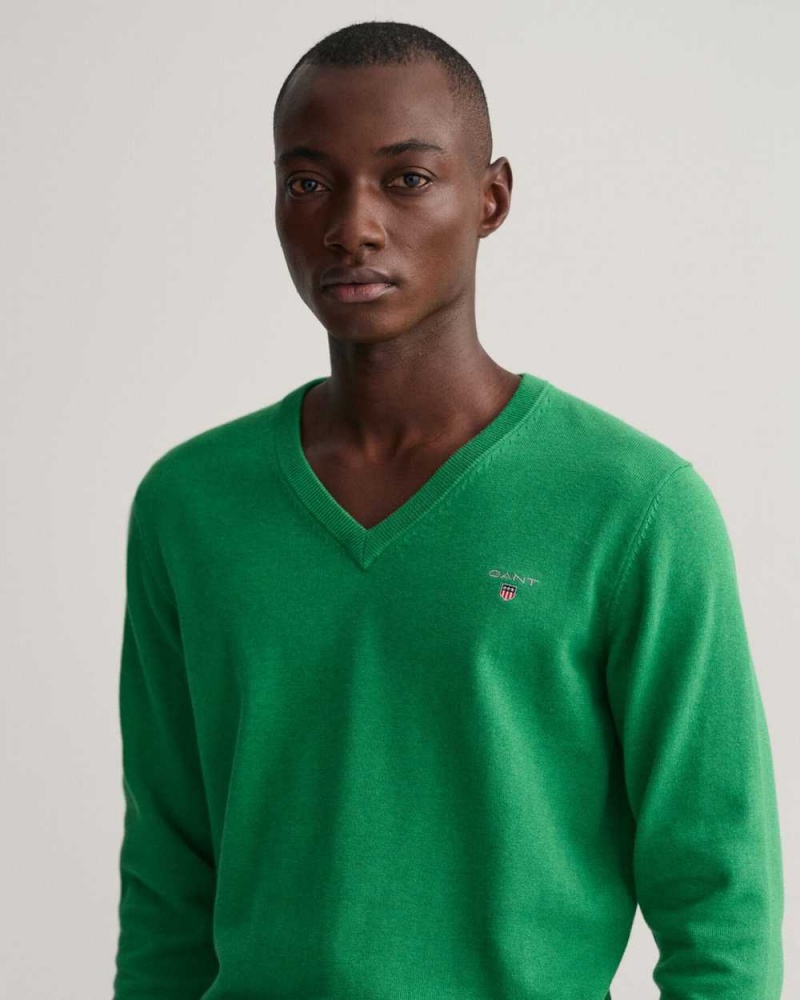 Gant Classic Cotton V-Neck Men's Sweater Mid Green Melange | BWDPY-2509