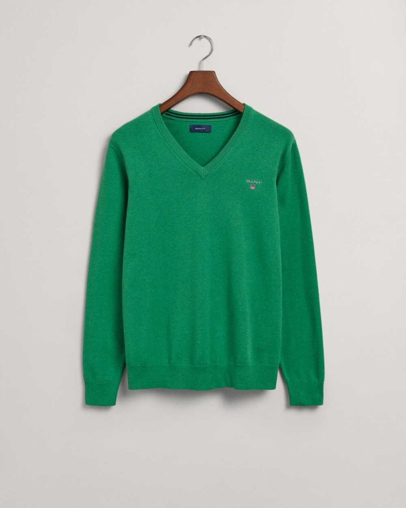 Gant Classic Cotton V-Neck Men's Sweater Mid Green Melange | BWDPY-2509