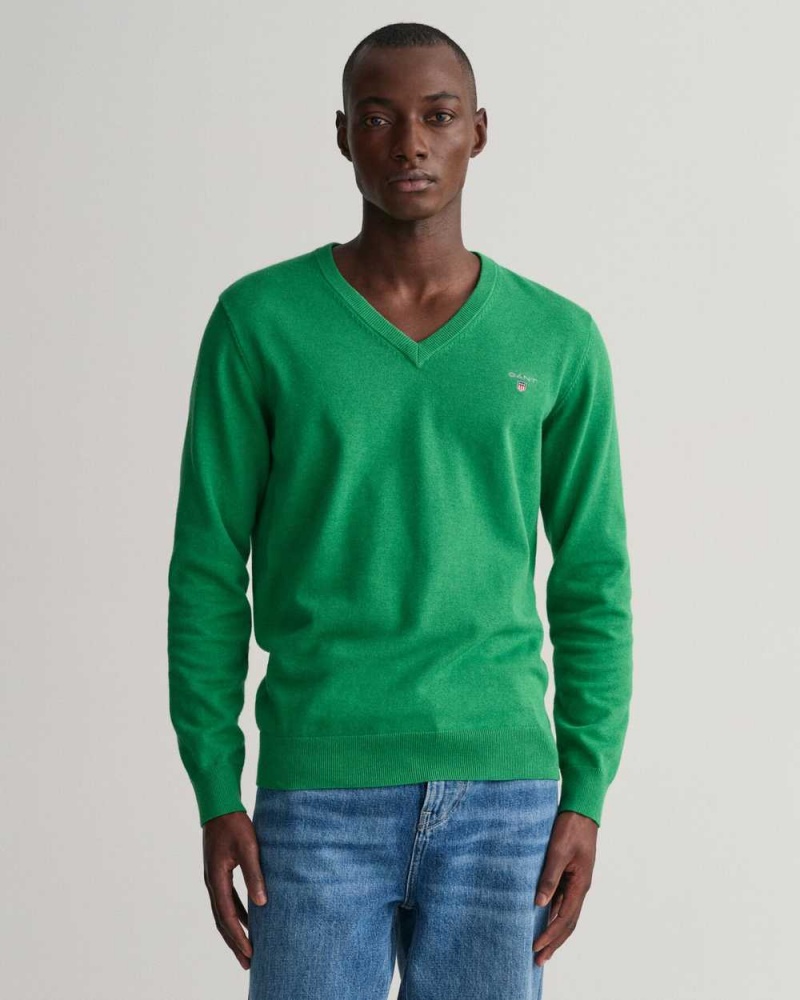 Gant Classic Cotton V-Neck Men\'s Sweater Mid Green Melange | BWDPY-2509