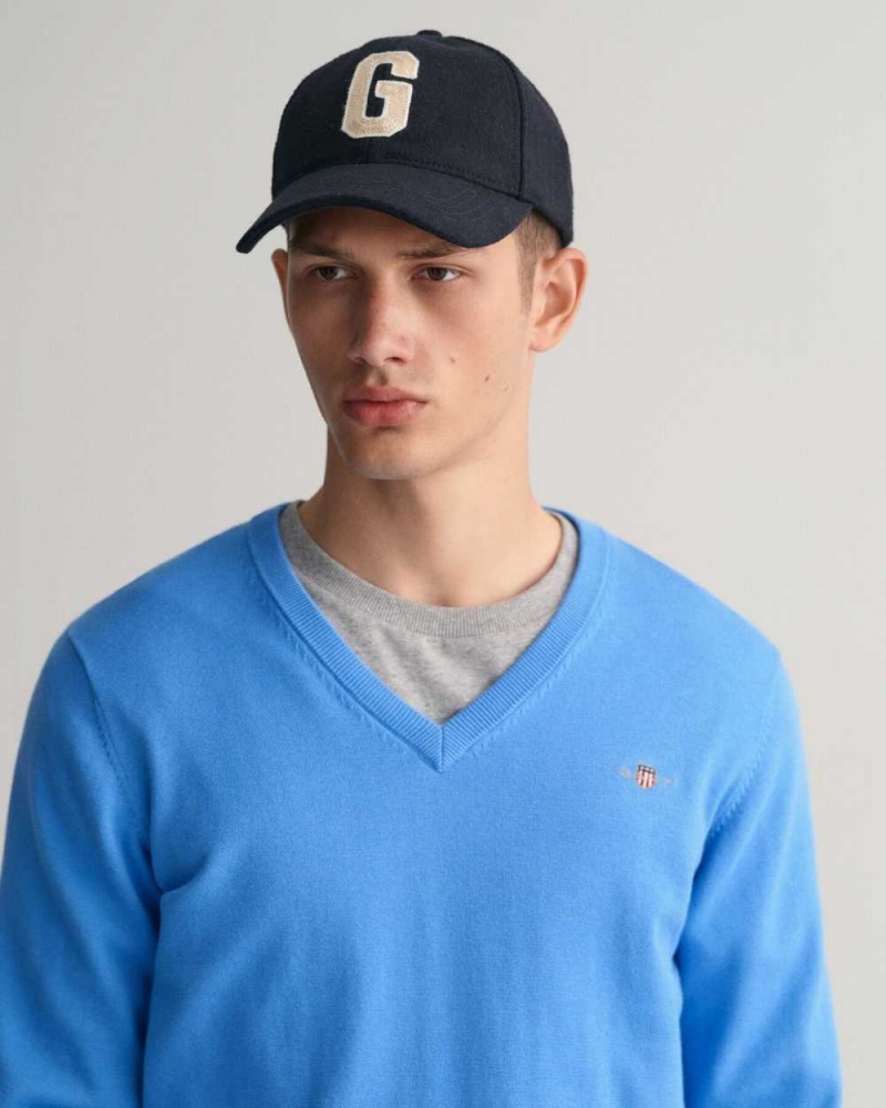 Gant Classic Cotton V-Neck Men's Sweater Pacific Blue | KACPN-6918