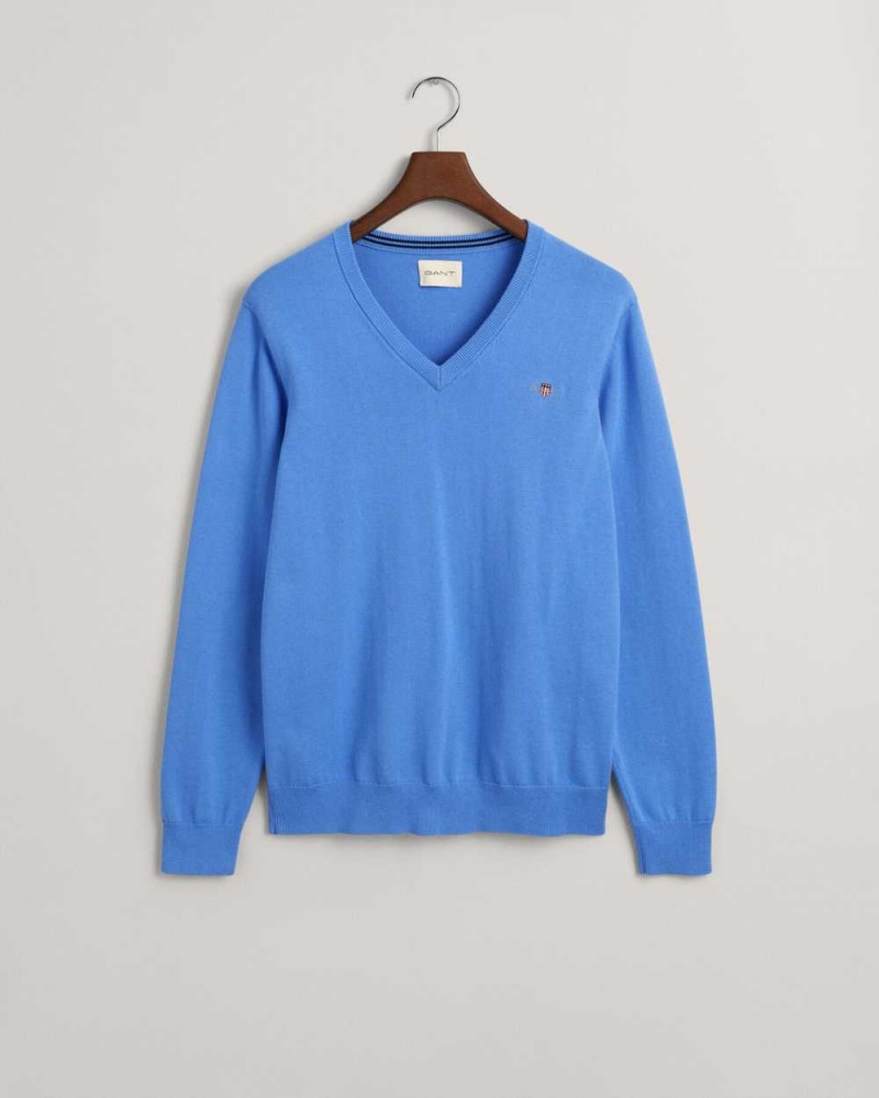 Gant Classic Cotton V-Neck Men's Sweater Pacific Blue | KACPN-6918