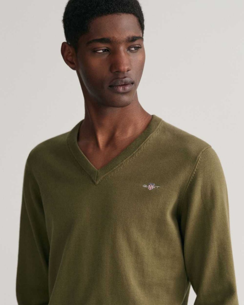 Gant Classic Cotton V-Neck Men's Sweater Racing Green | PZKIR-8135