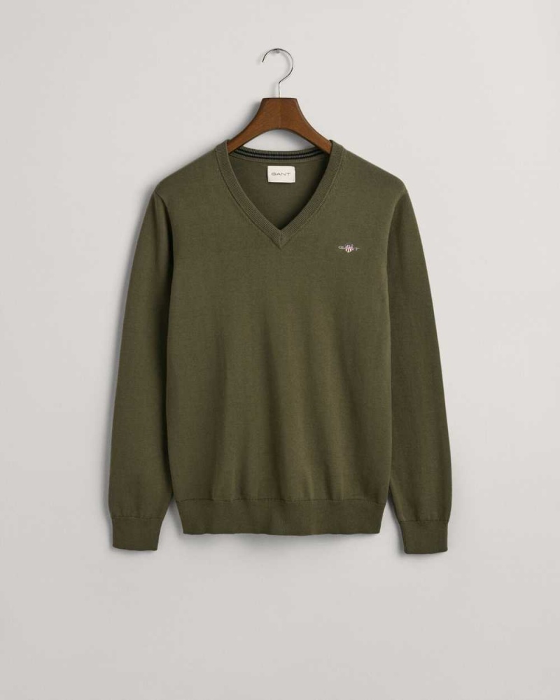 Gant Classic Cotton V-Neck Men's Sweater Racing Green | PZKIR-8135