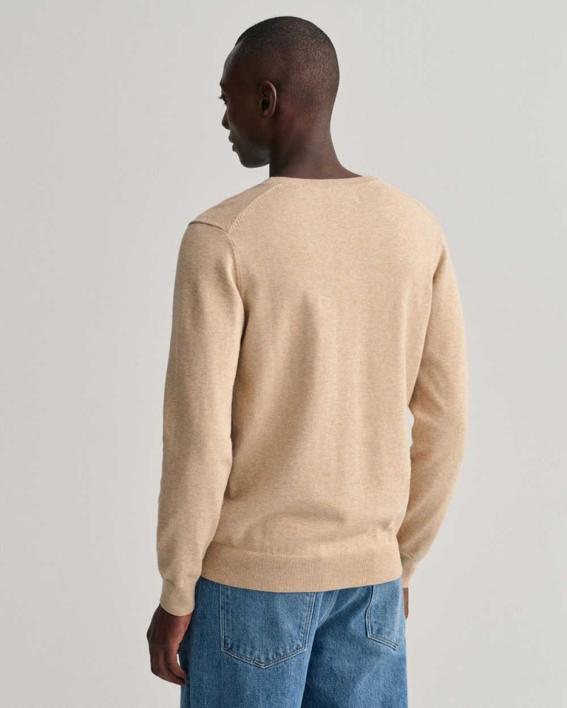 Gant Classic Cotton V-Neck Men's Sweater Sand Melange | ZXLQV-3462