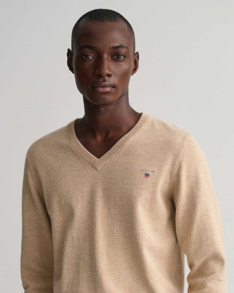 Gant Classic Cotton V-Neck Men's Sweater Sand Melange | ZXLQV-3462