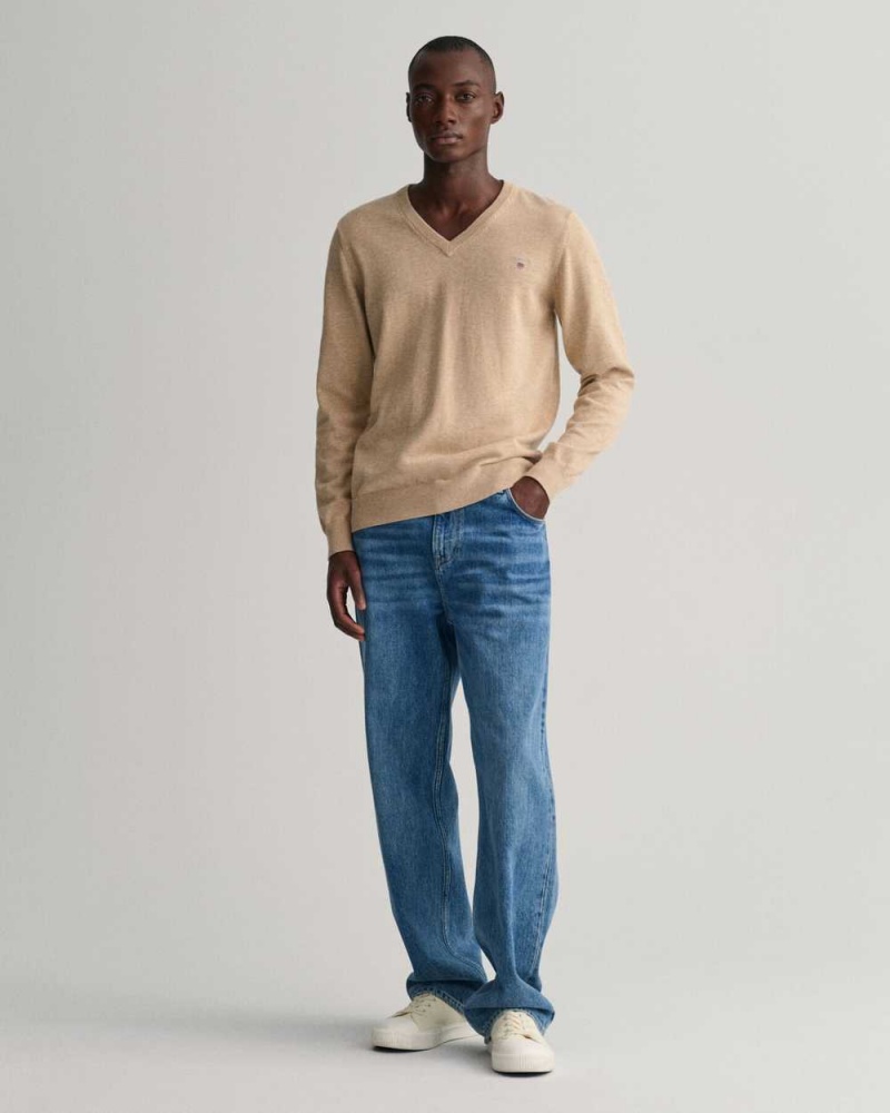 Gant Classic Cotton V-Neck Men's Sweater Sand Melange | ZXLQV-3462